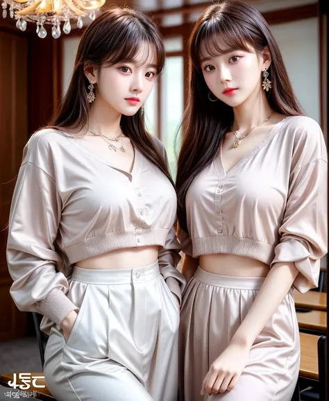 practicalphotography，22 years old，portrait，full Body，Korean，（twins,Mature：1.3），2 girl，beautiful girl，arrogant，Sitting in a large classroom chair，（necklace、earrings、bracelet：1.1），（Environmental details：1.3），（Original image、CG Unity、photography、Ultra-practic...