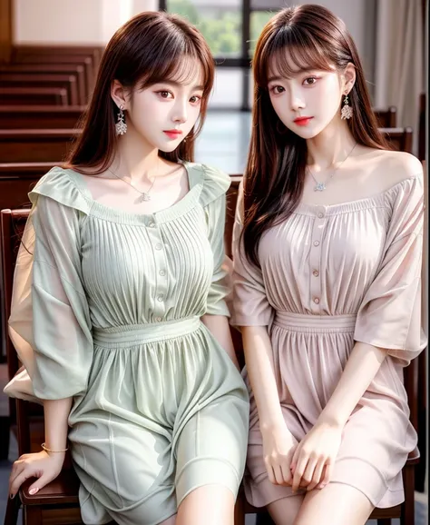 practicalphotography，22 years old，portrait，full Body，Korean，（twins,Mature：1.3），2 girl，beautiful girl，arrogant，Sitting in a large classroom chair，（necklace、earrings、bracelet：1.1），（Environmental details：1.3），（Original image、CG Unity、photography、Ultra-practic...