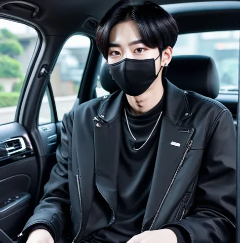 arafed man in a car with a black jacket and a cell phone, male ulzzang, jinyoung shin, jinyoung shin aesthetic, 1 7 - year - old boy thin face, kim doyoung, wearing all black mempo mask, ulzzang, jungkook, boy has short black hair, cai xukun, kanliu666