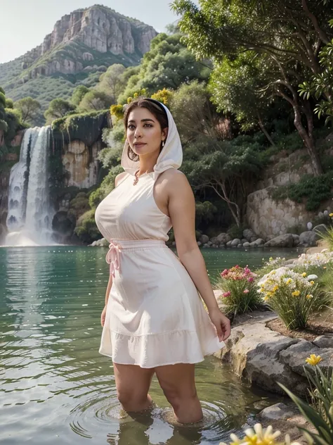 Arab dress, yellow dress, short dress (white), crocodile near the mountain, water near the grass, waterfall nearby, light green, bright flowers, red sky, wearing suit (white), lips (pink) Escasamente vestido, beautiful face  Hermosa big hips shine in the s...