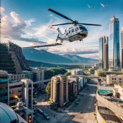 masterpiece, Maximum detail, highest degree of realism, maximum resolution. The Land of the Future, in the center are two futuristic skyscrapers made of steel and glass, shaped like pyramids. Airmobiles are flying around, from ordinary personal civilians, ...