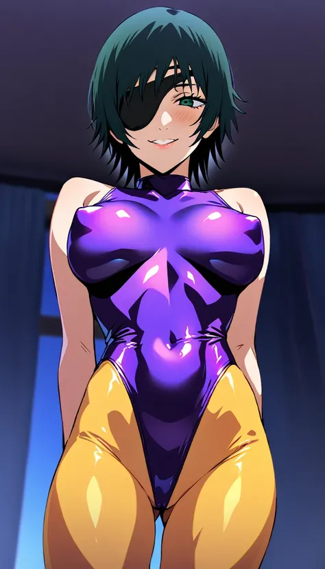 mature female, mature, Adult, himeno, himeno(Chainsaw Man), 1girl, black hair, short hair, eyepatch, Himeno(Chainsaw Man), solo, seductive smile, evil grin, aroused, in heat, nsfw, Villains, latex purple leotard, Yellow pantyhose, chest, View your audience...