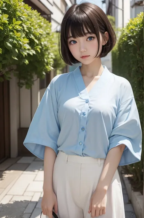 a japanese girl, with short hair caramel, with bangs, with light blue eyes, with white skin