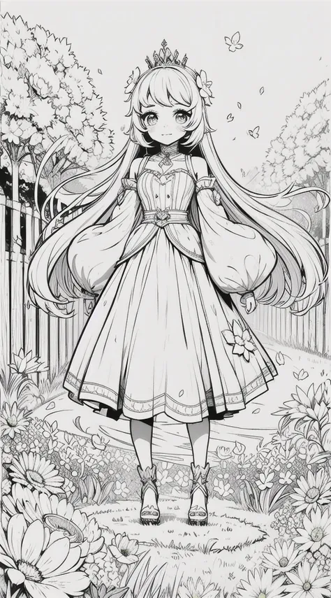 a girl, kawaii princess, standing, (flower garden), shoulder-length hair, full body, in the center of the camera, line art,black...