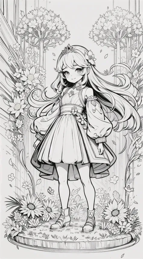 a girl, kawaii princess, standing, (flower garden), shoulder-length hair, full body, in the center of the camera, line art,black...