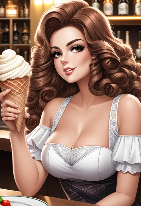 Italian girl with long curly brown hair, elegant dress sitting at a bar eating an ice cream, angular face