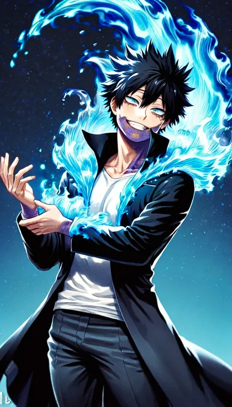 absurdres, highres, ultra detailed, HDR, master piece, best quality, extremely detailed face, delicated features, Dabi, black hair, expressive turquoise eyes, Boku No Hero Academia, sexy man, solo, handsome, smiling, black coat with high collar, white T-sh...