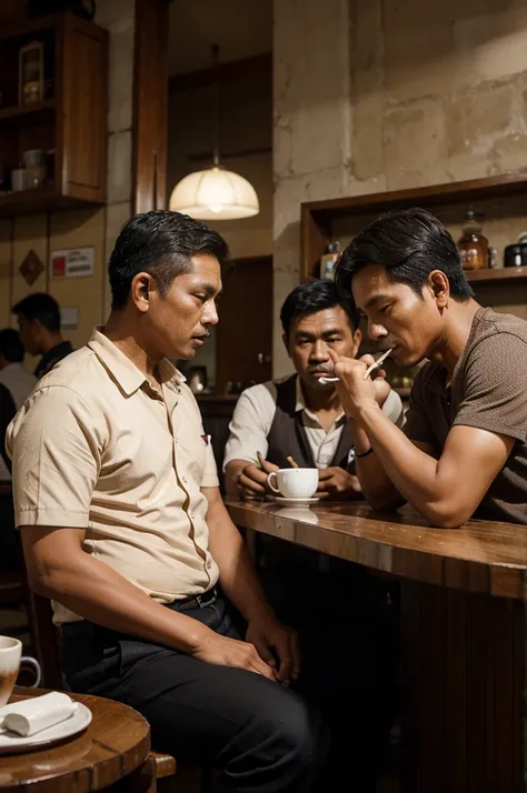 3 Indonesian men aged 40 are busy smoking in a coffee shop in the village