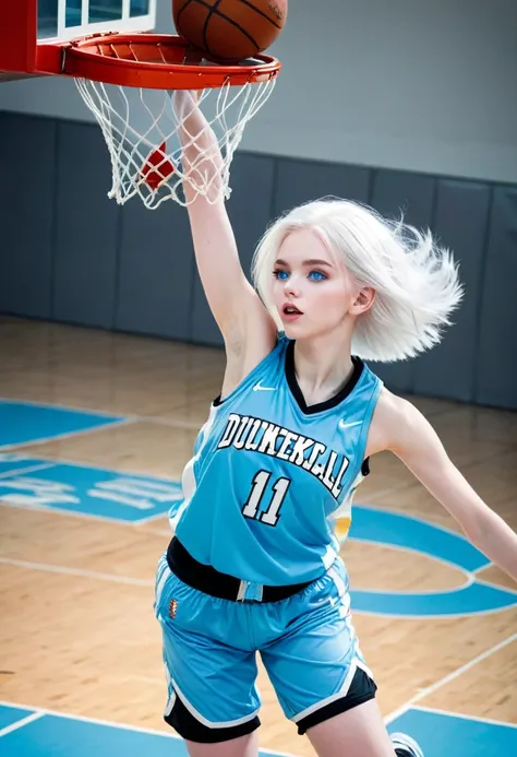 Teenage woman with white hair and light blue eyes with white skin dunking in basketball 