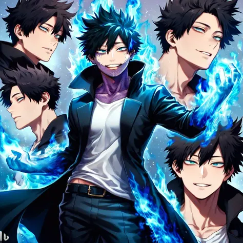 absurdres, highres, ultra detailed, HDR, master piece, best quality, extremely detailed face, delicated features, Dabi, black hair, expressive turquoise eyes, Boku No Hero Academia, sexy man, solo, handsome, smiling, black coat with high collar, white T-sh...