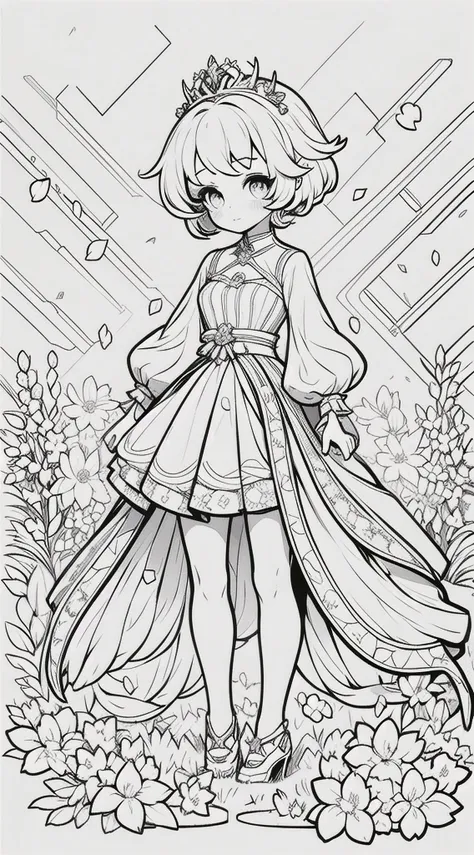 girl, kawaii princess, standing, (flower garden), short hair, full body, in the center of the camera, line art, black and white ...