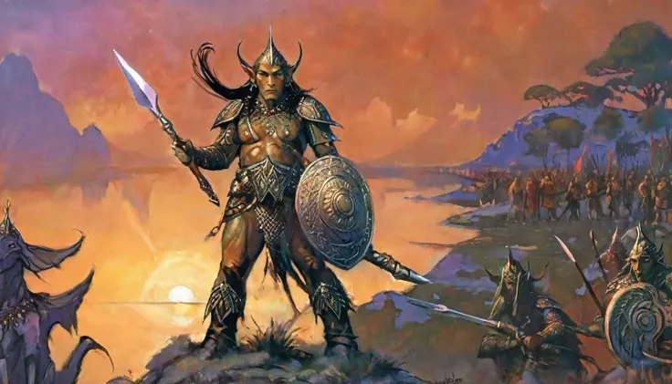 As the sun sets over the ancient elven city, a legendary warrior, with intricate tattoos covering their body, stands guard at the entrance, ready to defend their people against any threat, perfect face, perfect body