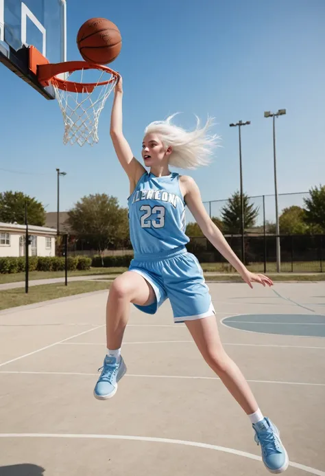 Teenage woman with white hair and light blue eyes with white skin dunking in basketball 