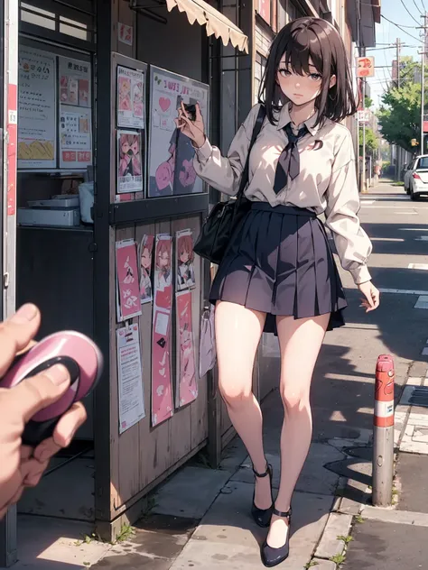 (love juice:1.3,remote vibrator, blush),are standing, navy pleated skirt, on the way to school, blush