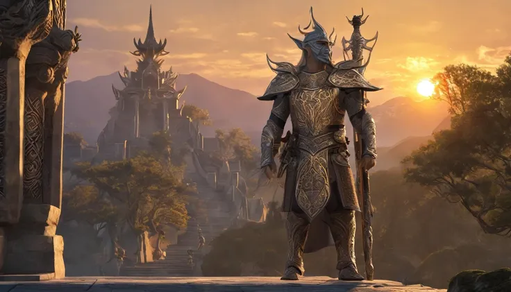 As the sun sets over the ancient elven city, a legendary warrior, with intricate tattoos covering their body, stands guard at the entrance, ready to defend their people against any threat, perfect face, perfect body