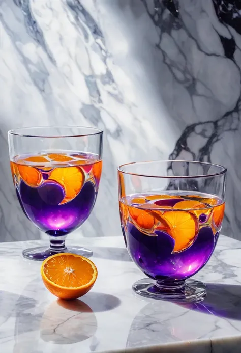 surreal glass shape, liquid glass, chromatic aberration, broken prism, refraction, light caustics, smokey background, detailed illustration , oranges on a white marble table, deep purple velvet drapes, 8k, photography style,2 glasses with orange biolumines...