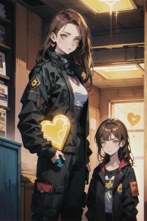 mature female, expressionless, bar, leaning against wall, interior, wooden interior, 2girls, brown hair, shoulder-length hair, yellow eyes, respirator, (black jacket:1.2), (glowing heart:1.2)