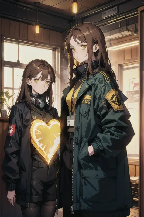 mature female, expressionless, bar, leaning against wall, interior, wooden interior, 2girls, brown hair, shoulder-length hair, yellow eyes, respirator, (black jacket:1.2), (glowing heart:1.2)