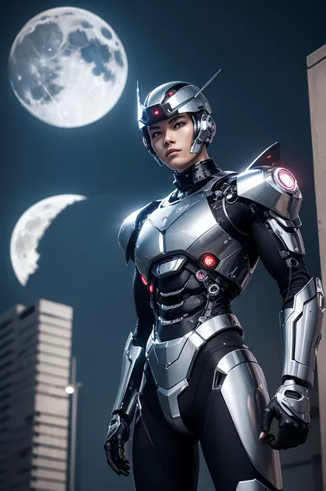 Create a cyborg with chrome plates,he has a feminine appearance, is standing watching the moon