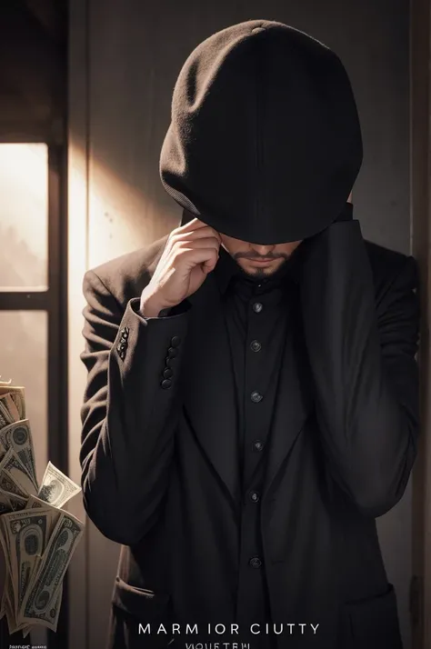 An image to put on the cover with this theme and images (Money with automatic cuts) could be a man in the background with a black hat with his head down covering his eyes