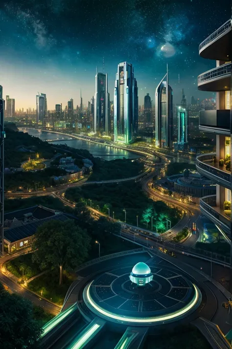 Landscape , city scene  , ultra detailed fantasy, magical world,galaxy design sky, futuristic alien technology infrastructure in scene , greenry attached with infrastructure , people in the city , people roaming , people wearning astronaut dress  ,  realis...