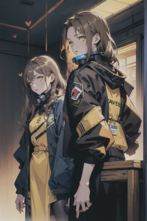 mature female, expressionless, bar, leaning against wall, interior, wooden interior, 2girls, brown hair, shoulder-length hair, yellow eyes, respirator, (black jacket:1.2), (glowing heart:1.2)