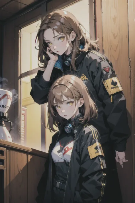 mature female, expressionless, bar, leaning against wall, interior, wooden interior, 2girls, brown hair, shoulder-length hair, yellow eyes, respirator, (black jacket:1.2), (glowing heart:1.2)