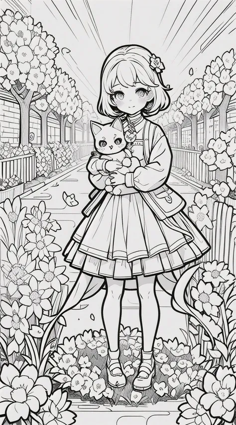 girl with cat in your arms, kawaii princess, cat kawaii, girl standing, (flower garden), short hair, full body, in the center of...