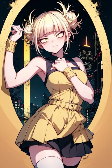 Himiko toga ,(my hero academia),my hero academia,picture perfect,eyes perfect ophimiko toga(my hero academia),my hero academia,perfect picture,perfect eyes,Short blond hair with two messy pulps in the hair and yellow eyes with cat pupils,  wearing straples...