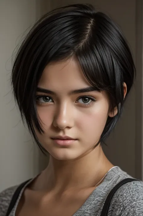 Create a 16 year old girl with short black hair and a boring face 