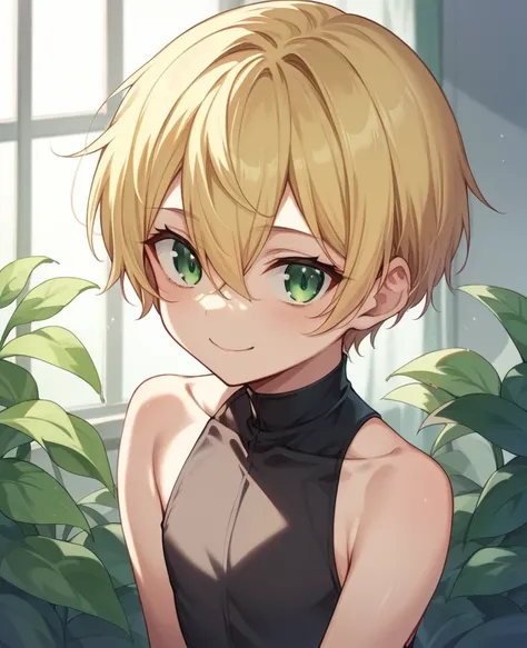 （One girl）、((short hair))、((Blonde))、（Sato Air）、((boyish))、Crossdresser、cute、((flat chest))、green eyes、Robes、Black sleeveless、((hairs between eyes))、light smile