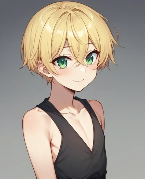 （One girl）、((short hair))、((Blonde))、（Sato Air）、((boyish))、Crossdresser、cute、((flat chest))、green eyes、Robes、Black sleeveless、((hairs between eyes))、light smile