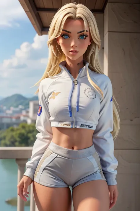 alisha lehmann sexy, with blonde hair, she is wearing an open white sweatshirt covering her breasts, eu uma shorts branco.