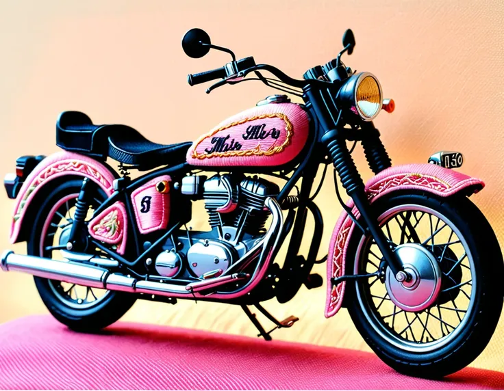 an (embroidery picture: 1.5) of a vintage masterwork motorcycle, pink motorcycle,  best details, best quality, 16k, [ultra detai...