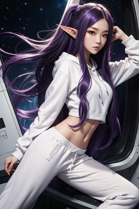 Long Purple hair, Vietnamese, beautiful 23 year old woman, very attractive, brown eyes, elf ears, very cute, thin athletic body, wearing white hoodie and sweatpants, photoshoot in space