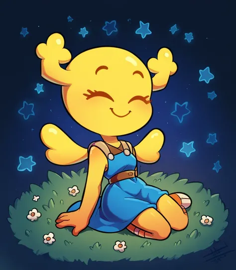 Penny Fitzgerald, penny_unshelled, yellow skin, yellow wings, cute smile, closed eyes, cute blue dress, sitting on grass on grass on bottom right corner, backwards, a little far away, looking at the night sky with several stars and galaxies, body shining