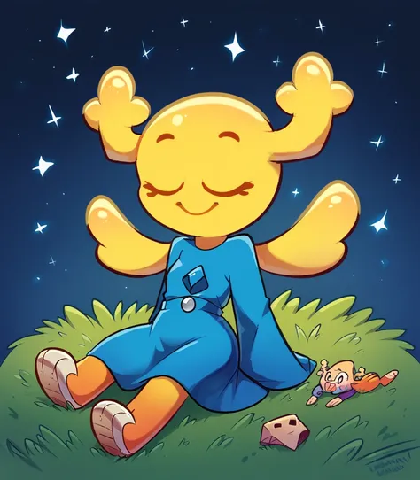 Penny Fitzgerald, penny_unshelled, yellow skin, yellow wings, cute smile, closed eyes, cute blue dress, sitting on grass on grass on bottom right corner, backwards, a little far away, looking at the night sky with several stars and galaxies, body shining