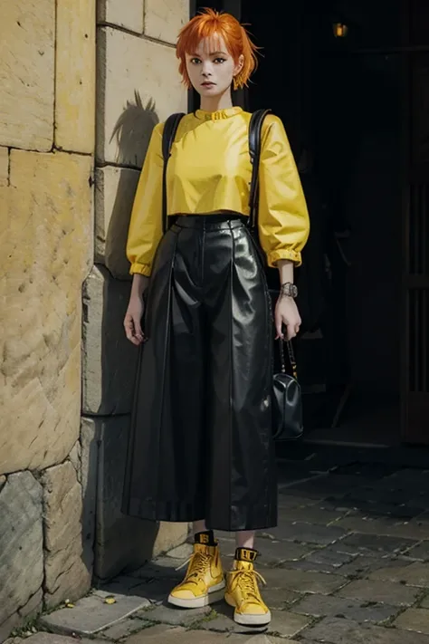 Kizi , tied orange hair, cropped verde com decote, rose tattoo on lap, Wide black pants, yellow cold blouse, black shoe, , with a yellow backpack medieval style rpg sharp face, pretty , piercings