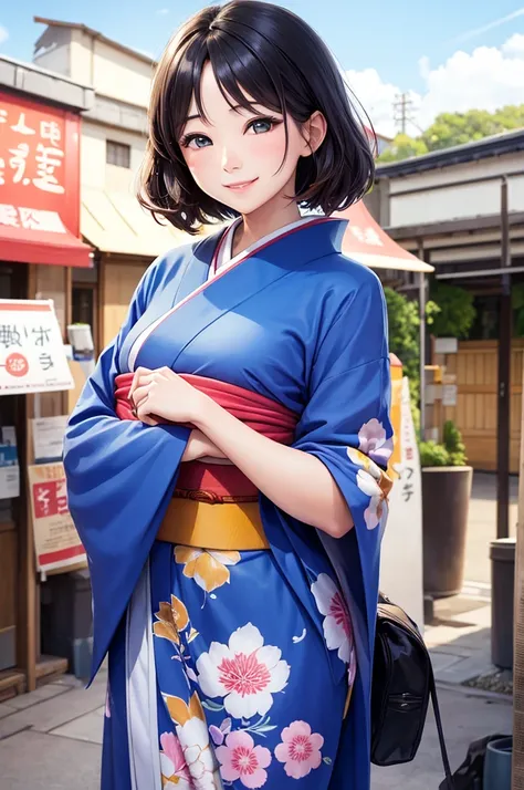 A beautiful smiling woman in a kimono greets people with a cheerful "Good morning" as her arms open under the blue sky