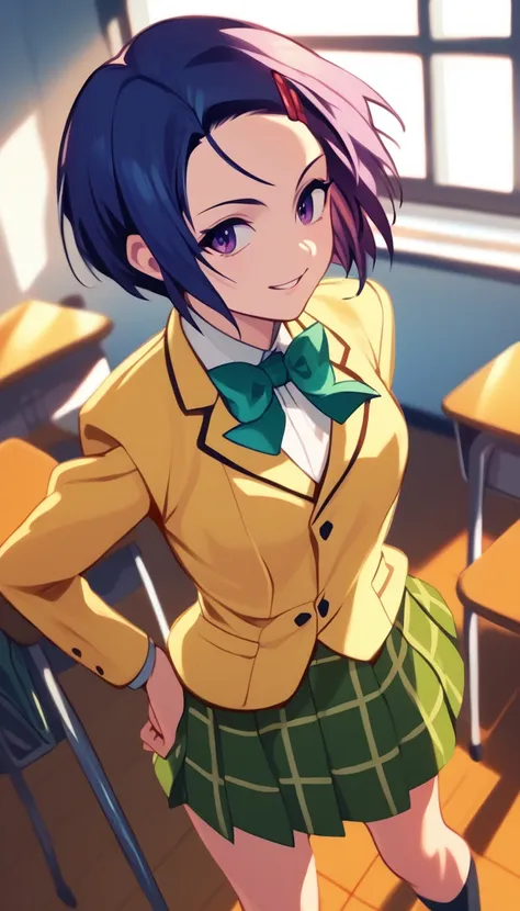 masterpiece, best quality, highres,1 girl,solo, aaharuna, short hair, bangs, , green bowtie, blazer, yellow blazer, long sleeves, plaid skirt, green skirt, pleated skirt, classroom, hands on hip, smile, standing,from above