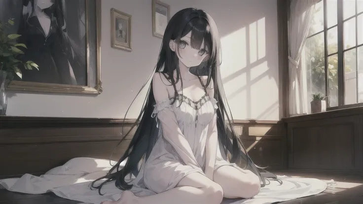 a female, big sad eyes, pale skin, wearing a white nightgown, very skinny, long black hair, sitting on the ground, detailed eyes...