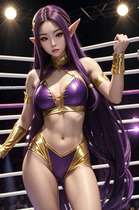 Long Purple hair, Vietnamese, beautiful 23 year old woman, very attractive, brown eyes, elf ears, very cute, thin athletic body, wearing gold superhero costume in wrestling ring