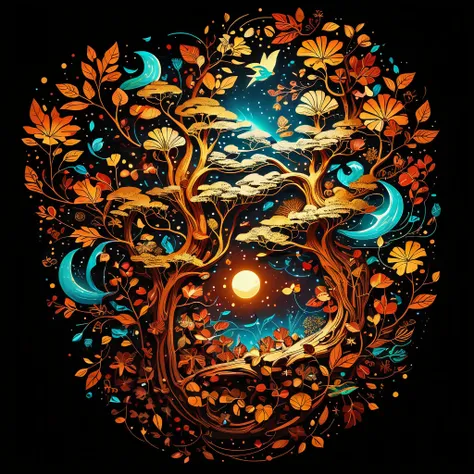 circular tree,four seasons,spring,summer,autumn,winter,leaves,roots,branches,trunk,ornate border,decorative,digital illustration,artwork,movement,time,swirling background,dark background,vibrant colors,natural,life cycle,growth,change,nature,life,peace,har...