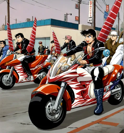 7 man riding bosozoku motorcycles, 4 motorcycle, bosozoku gang, riding, japan gangster