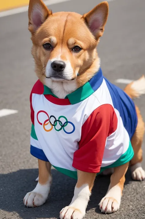 A dog dressed in an Olympics shirt. As a mascot 