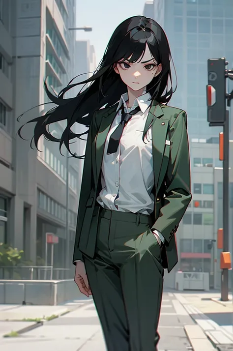 1female , Straight Hair , Black Hair  , Serious Expression , Pale Green Blazer , Red Tie , Grey Pants , White Button Up Shirt , Modern city background , Standing on sidewalk , Perfect Generation , Black Eyes 