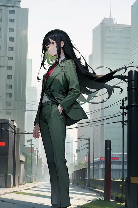 1female , Straight Hair , Black Hair  , Serious Expression , Pale Green Blazer , Red Tie , Grey Pants , White Button Up Shirt , Modern city background , Standing on sidewalk , Perfect Generation , Black Eyes 