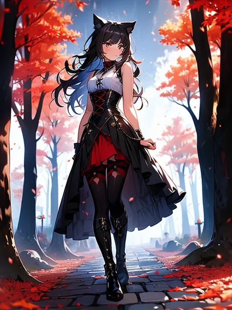 masterpiece, best quality), 1 girl, blake_belladonna, layer, dress, black layer, crescent negro, boots, shackles, red trees, aut...