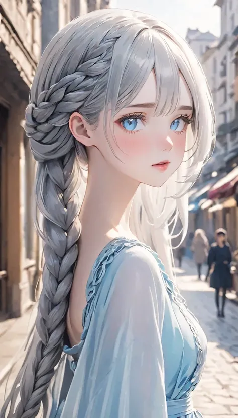 (((Realistic)))、Beautiful silver hair、20-year-old、pretty girl、One Girl、attractive whitish light blue eyes、smooth lips、Loose braid、Thin fabric dress、50mm lens、European cityscape、Blurred Background、