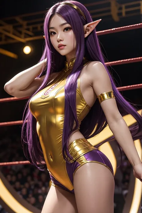 Long Purple hair, Vietnamese, beautiful 23 year old woman, very attractive, brown eyes, elf ears, very cute, thin athletic body, wearing gold superhero costume in wrestling ring, heroic pose, photoshoot